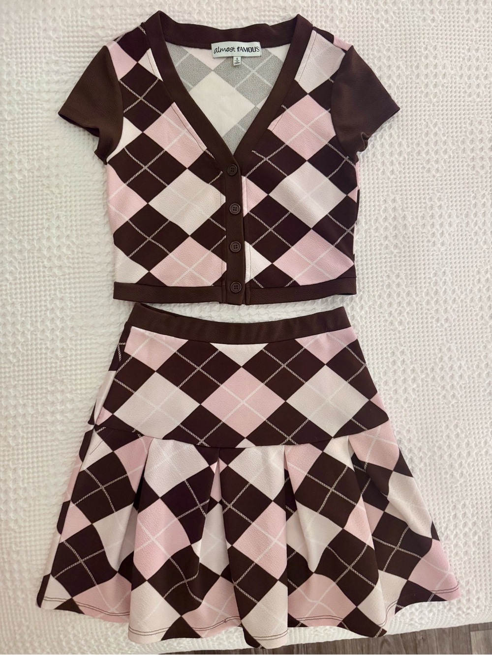 Almost Famous Pink and Brown Argyle Knit Top and skirt Set